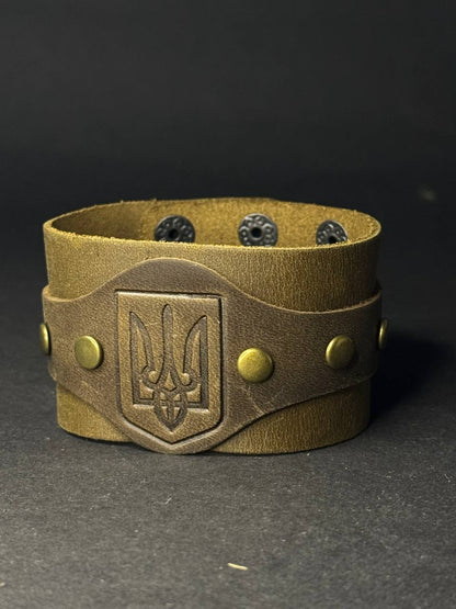 Ukranian Patriotic Etno Leather Wide Adjustable Bracelet with Trident