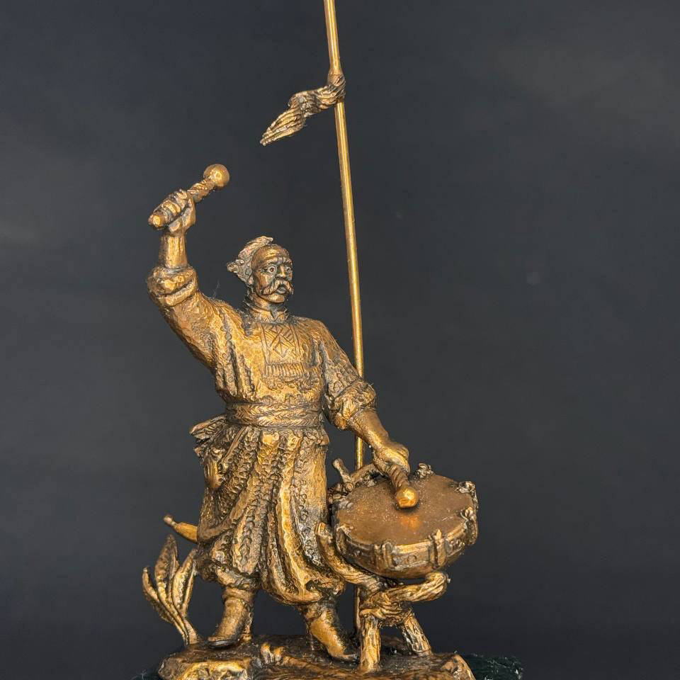 Ukrainian Statuette Cossack with a War Drum Copper Stand Indian Marble