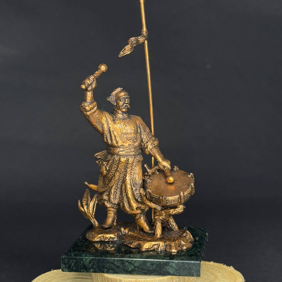 Ukrainian Statuette Cossack with a War Drum Copper Stand Indian Marble