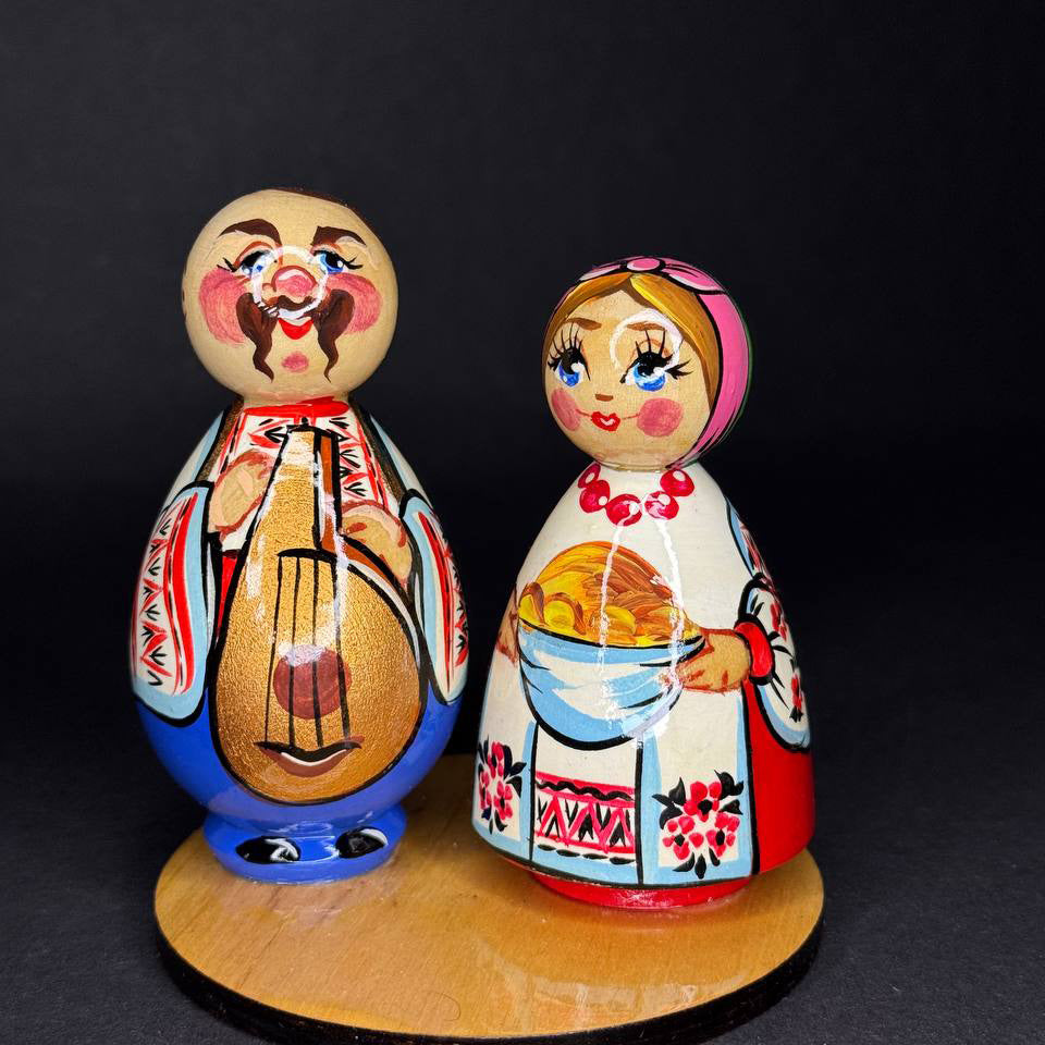 Ukrainian Souvenir Wood Сouples Figurines Traditional Cloth Hand-Painted