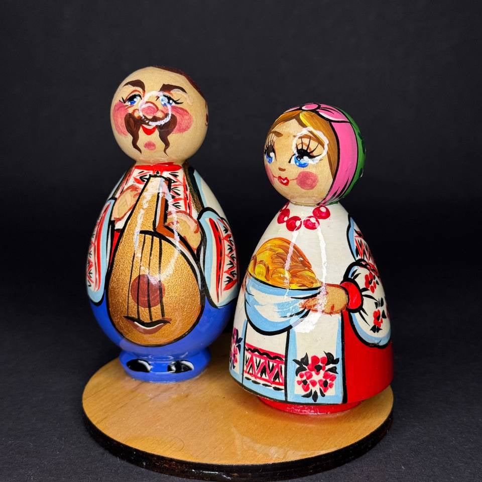 Ukrainian Souvenir Wood Сouples Figurines Traditional Cloth Hand-Painted