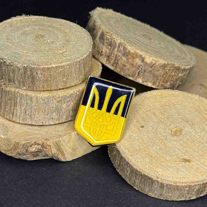Ukrainian Yellow Blue Metal Badge Button Pin "Trident and Shield"