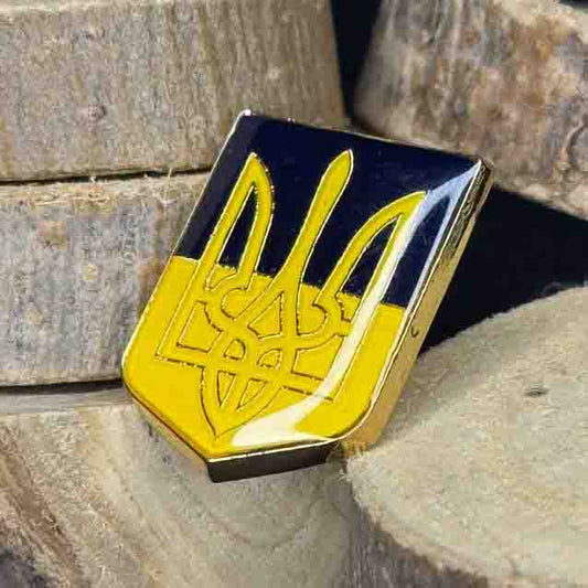 Ukrainian Yellow Blue Metal Badge Button Pin "Trident and Shield"