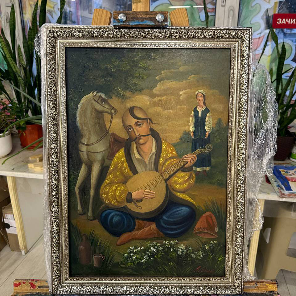 Ukrainisches Gemälde Öl auf Leinwand „Kosak Mamai“ 2025 Vintage-Rahmen