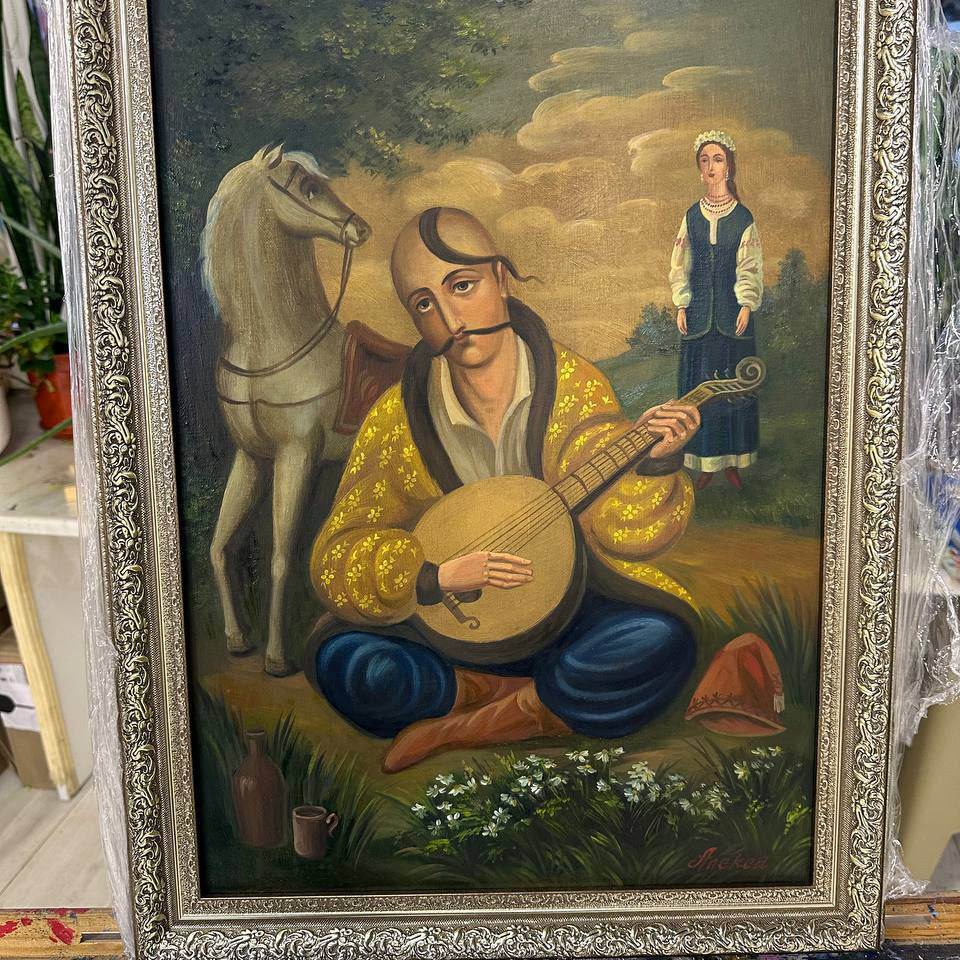 Ukrainisches Gemälde Öl auf Leinwand „Kosak Mamai“ 2025 Vintage-Rahmen