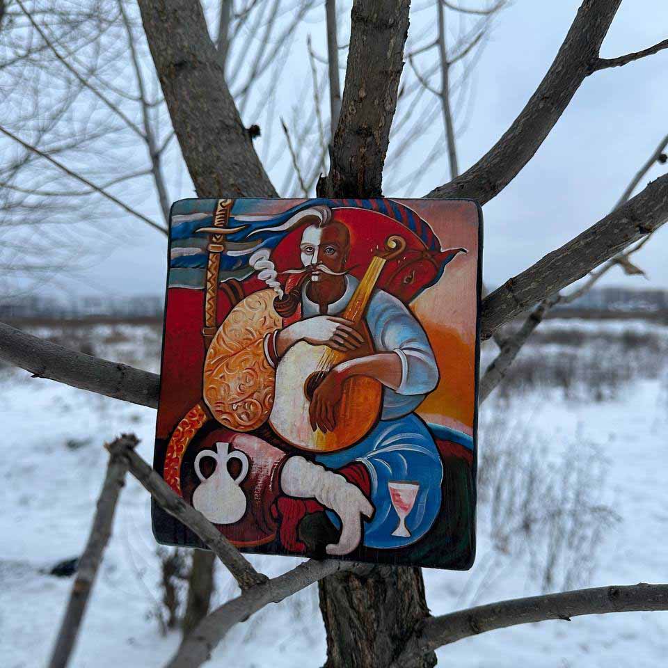Cossack Mamai Painting, Ukrainian Folk Art Wood Panel
