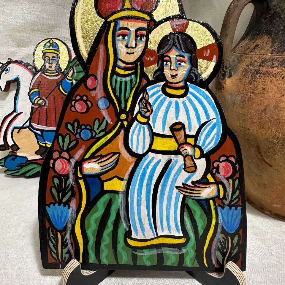 Ukrainian Traditional Hutsul Wooden Icon Handmade "Virgin Mary with Child"