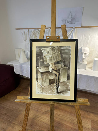 Ukrainian Nude Art Painting Watercolor "Newspeak Framed Passe Partout Glass