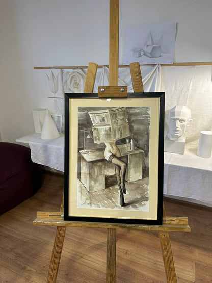Ukrainian Nude Art Painting Watercolor "Newspeak Framed Passe Partout Glass