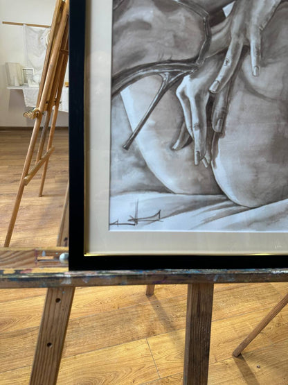 Ukrainian Nude Art Painting Watercolor "Elegance" Framed Passe Partout Glass