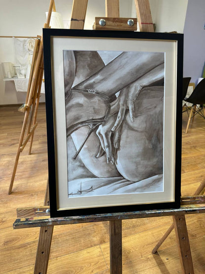 Ukrainian Nude Art Painting Watercolor "Elegance" Framed Passe Partout Glass