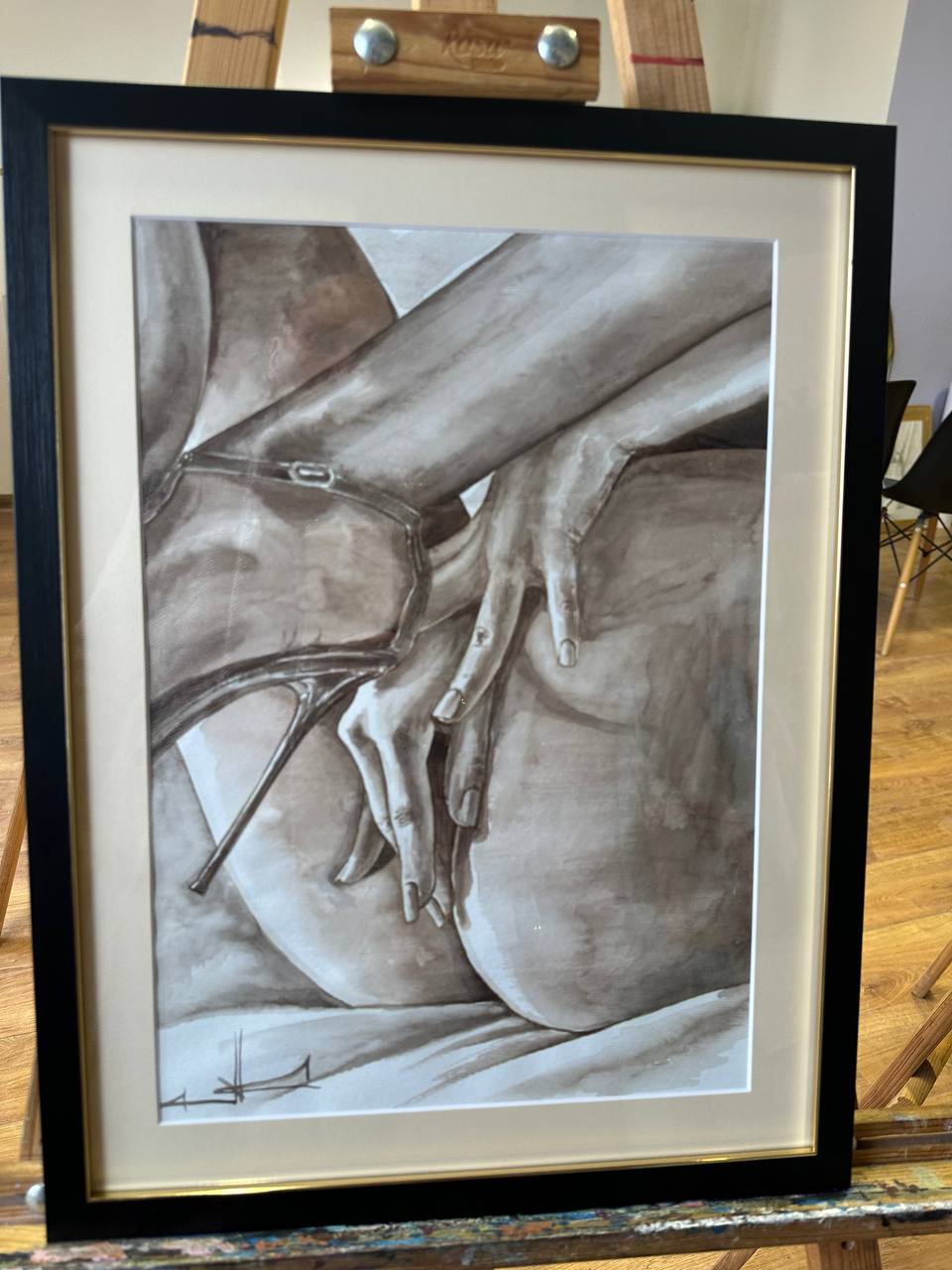 Ukrainian Nude Art Painting Watercolor "Elegance" Framed Passe Partout Glass
