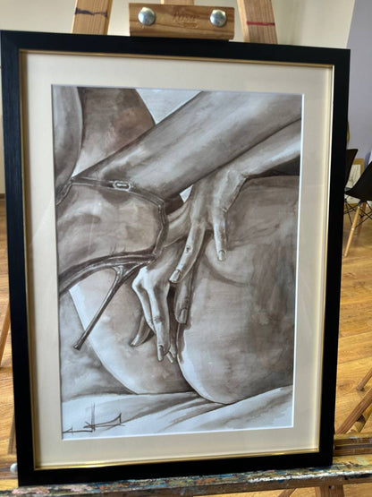 Ukrainian Nude Art Painting Watercolor "Elegance" Framed Passe Partout Glass