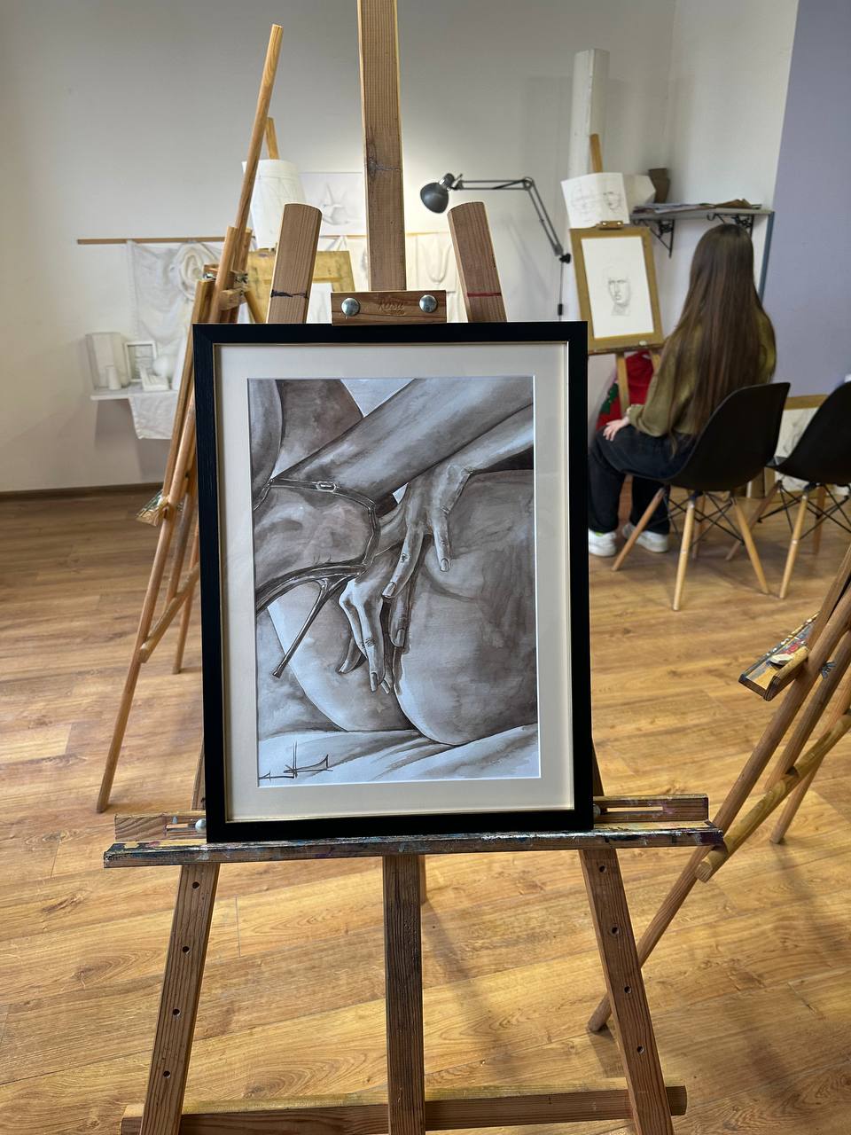 Ukrainian Nude Art Painting Watercolor "Elegance" Framed Passe Partout Glass