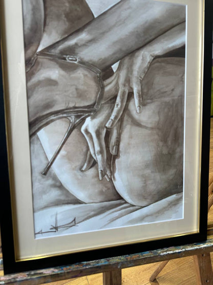 Ukrainian Nude Art Painting Watercolor "Elegance" Framed Passe Partout Glass