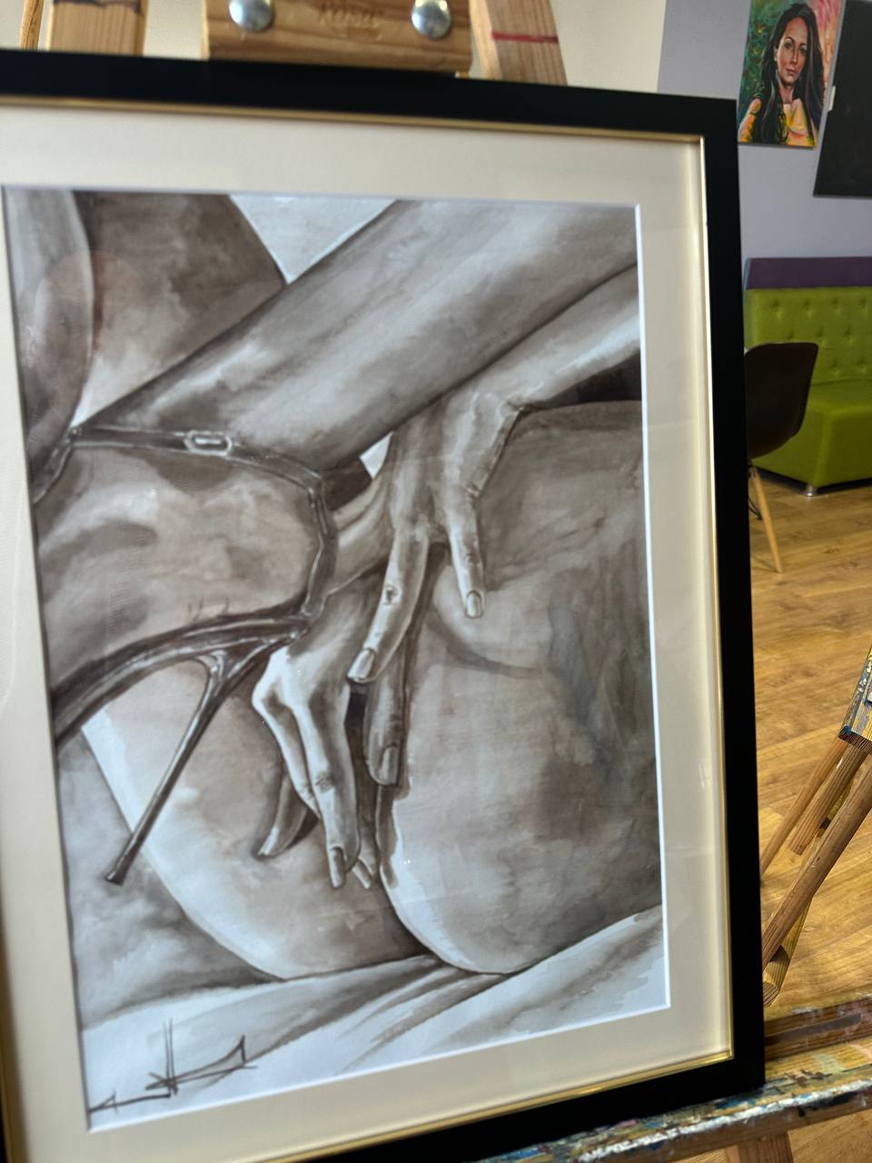 Ukrainian Nude Art Painting Watercolor "Elegance" Framed Passe Partout Glass