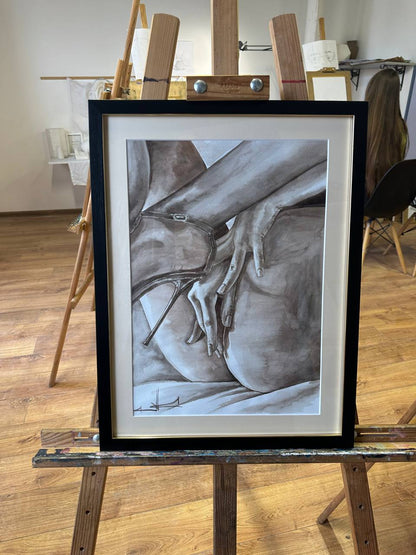 Ukrainian Nude Art Painting Watercolor "Elegance" Framed Passe Partout Glass