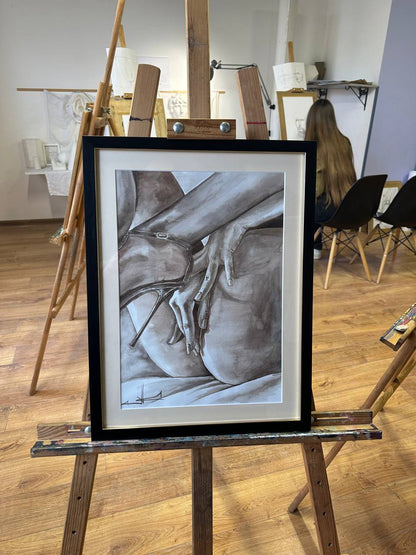 Ukrainian Nude Art Painting Watercolor "Elegance" Framed Passe Partout Glass