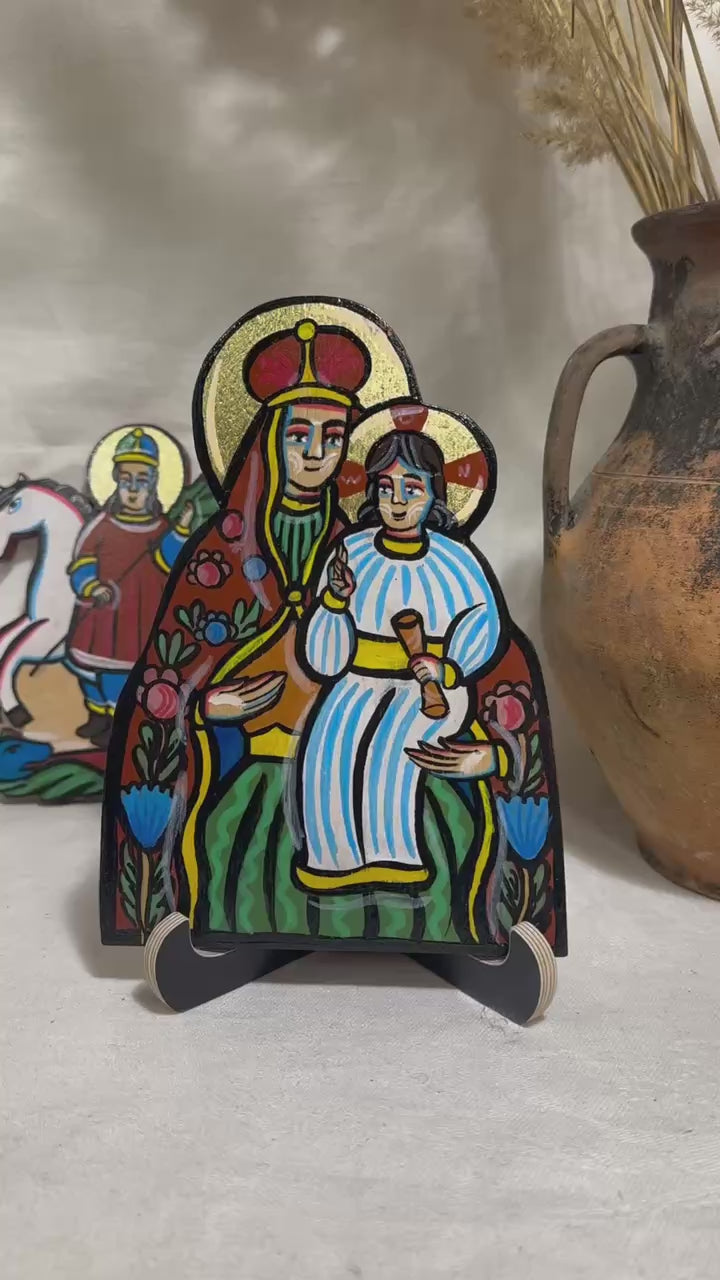 Ukrainian Traditional Hutsul Wooden Icon Handmade "Virgin Mary with Child"