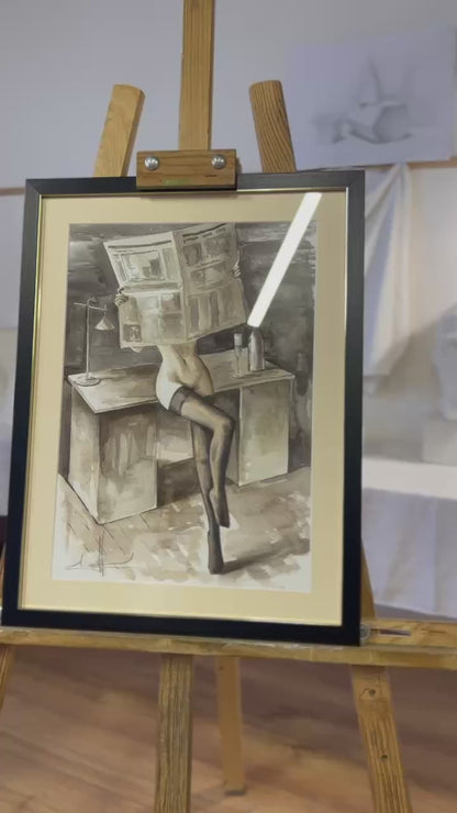 Ukrainian Nude Art Painting Watercolor "Newspeak Framed Passe Partout Glass