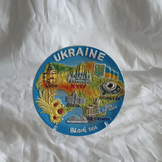 Ukranian Ceramic Plate Panel Map of Ukraine Collage Painting 