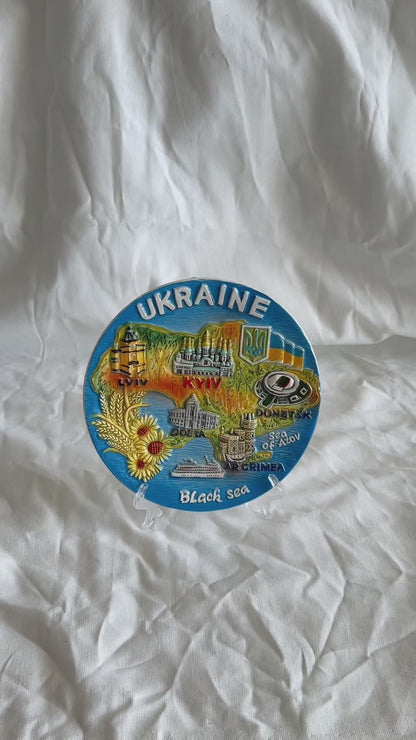 Ukranian Ceramic Plate Panel Map of Ukraine Collage Painting 