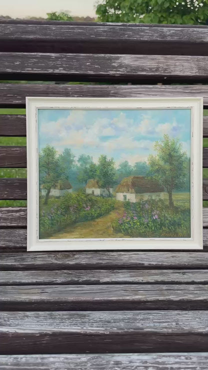 Ukrainian Painting—Oil on Canvas “Ukranian Village” Wood Vintage Box 39x34 cm