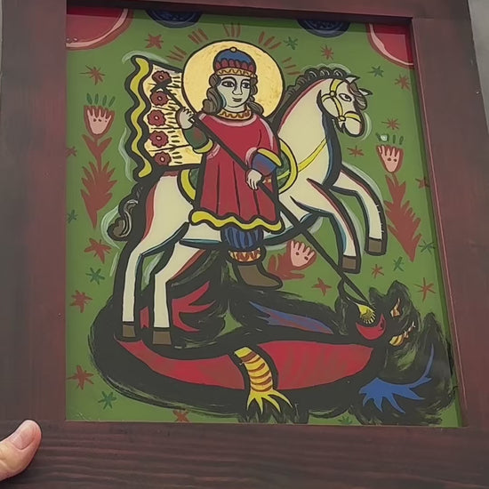 Ukrainian Gutsul Art Hand Painted Icon on Glass Wood Frame St George Victorious