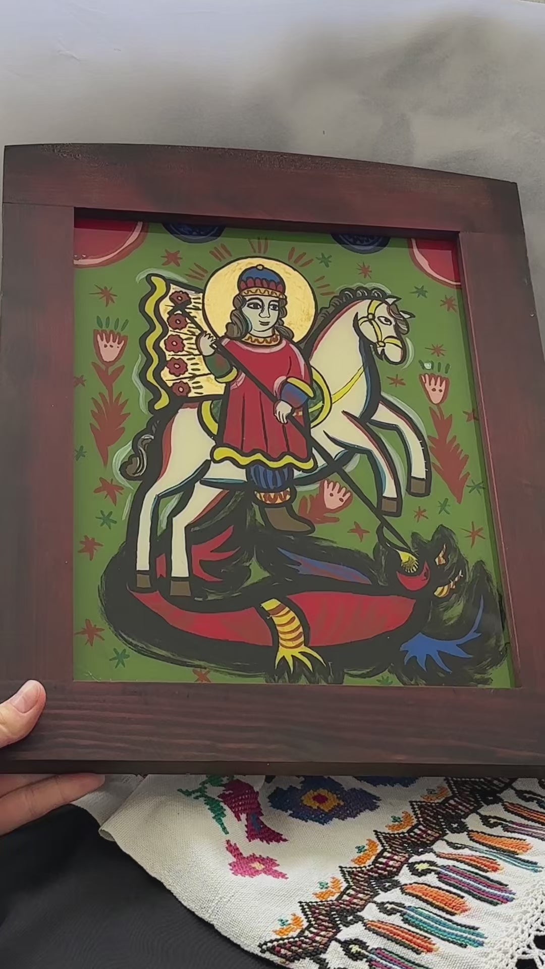 Ukrainian Gutsul Art Hand Painted Icon on Glass Wood Frame St George Victorious