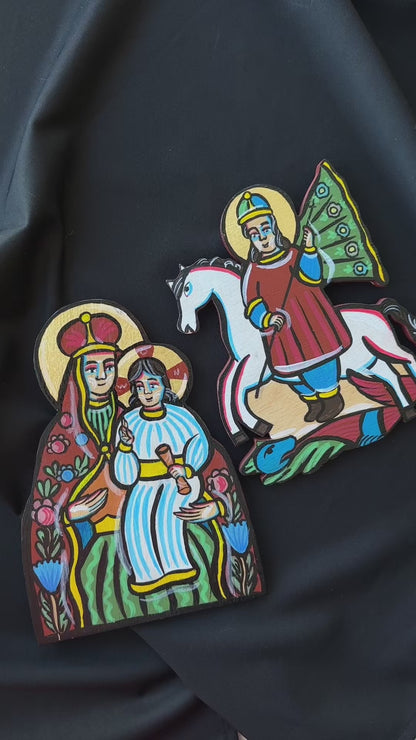 Ukrainian Diptych Traditional Hutsul Wooden Icon Handmade with Stands