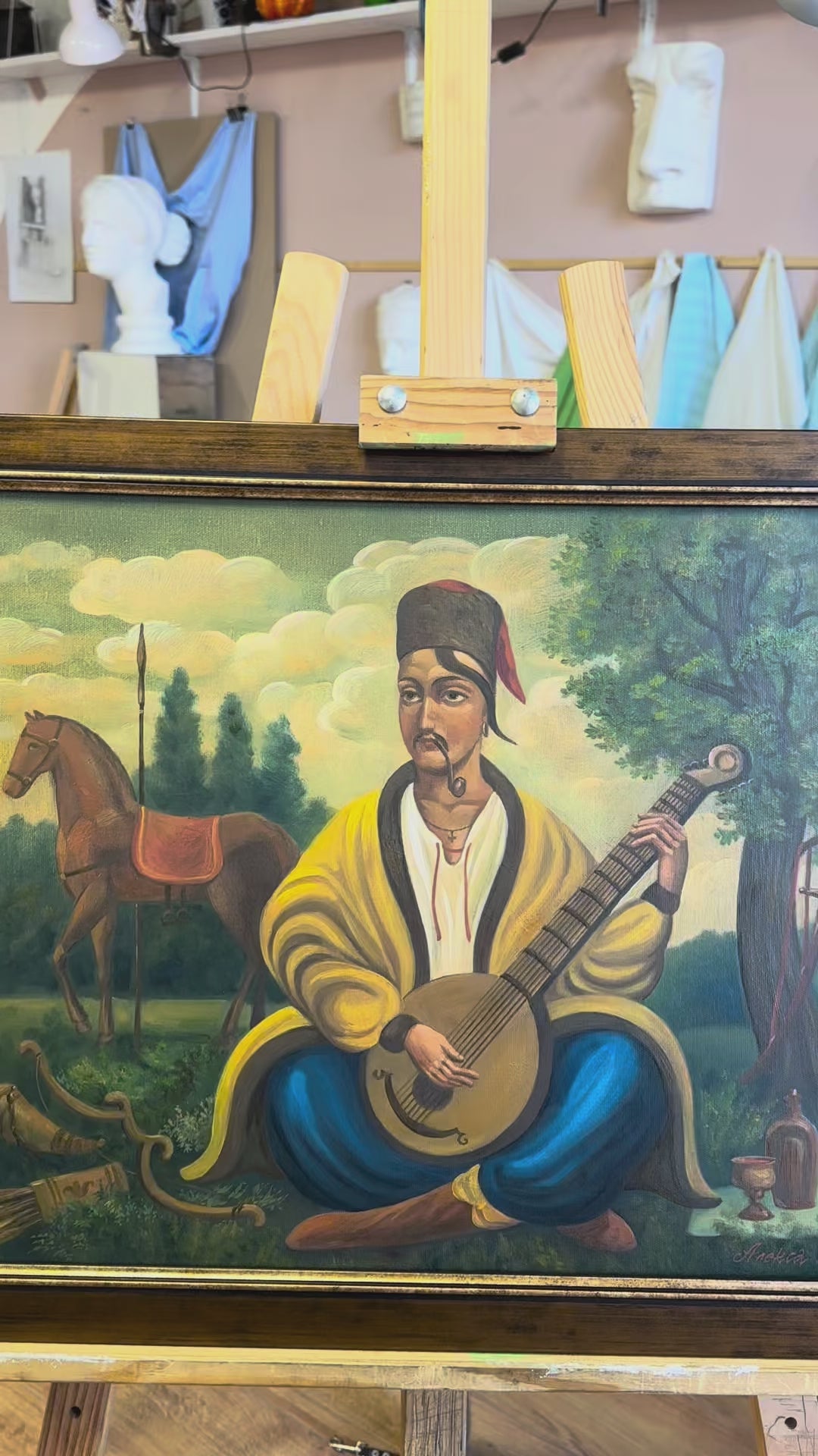 Ukrainian Painting Oil on Canvas “Cossack Mamai” 2015 Vintage Frame 62x52 cm