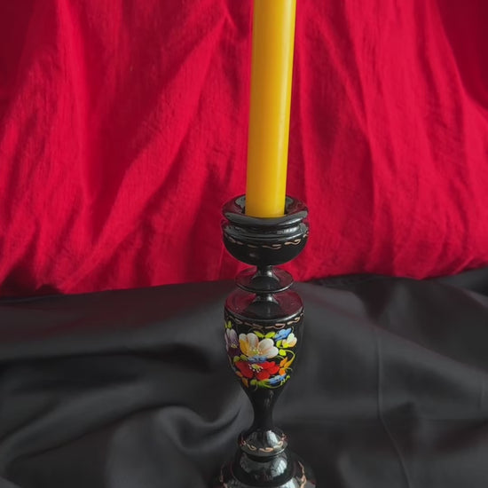 Ukrainian Wooden Candlestick with Handmade Painting Petrikivka