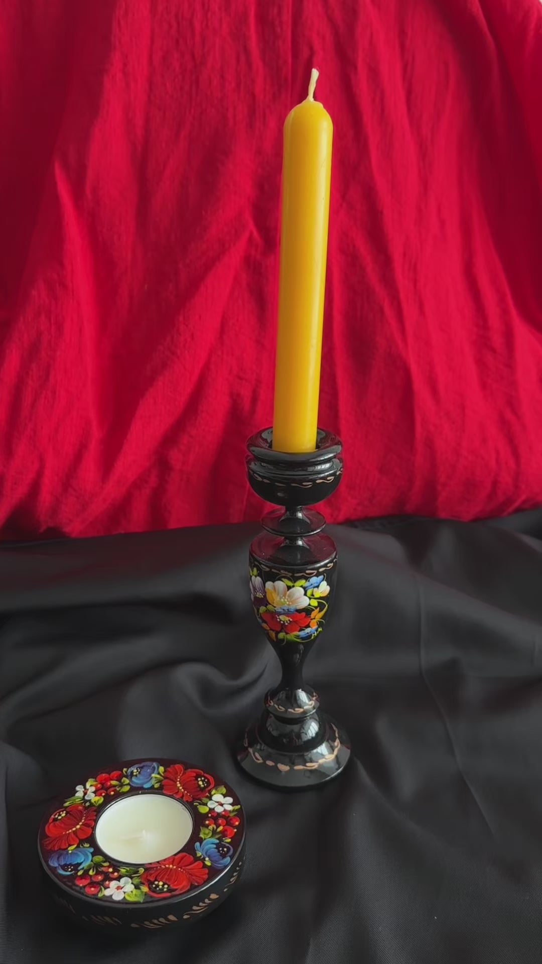 Ukrainian Wooden Candlestick with Handmade Painting Petrikivka