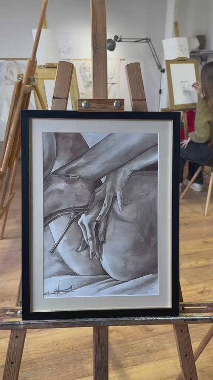Ukrainian Nude Art Painting Watercolor "Elegance" Framed Passe Partout Glass