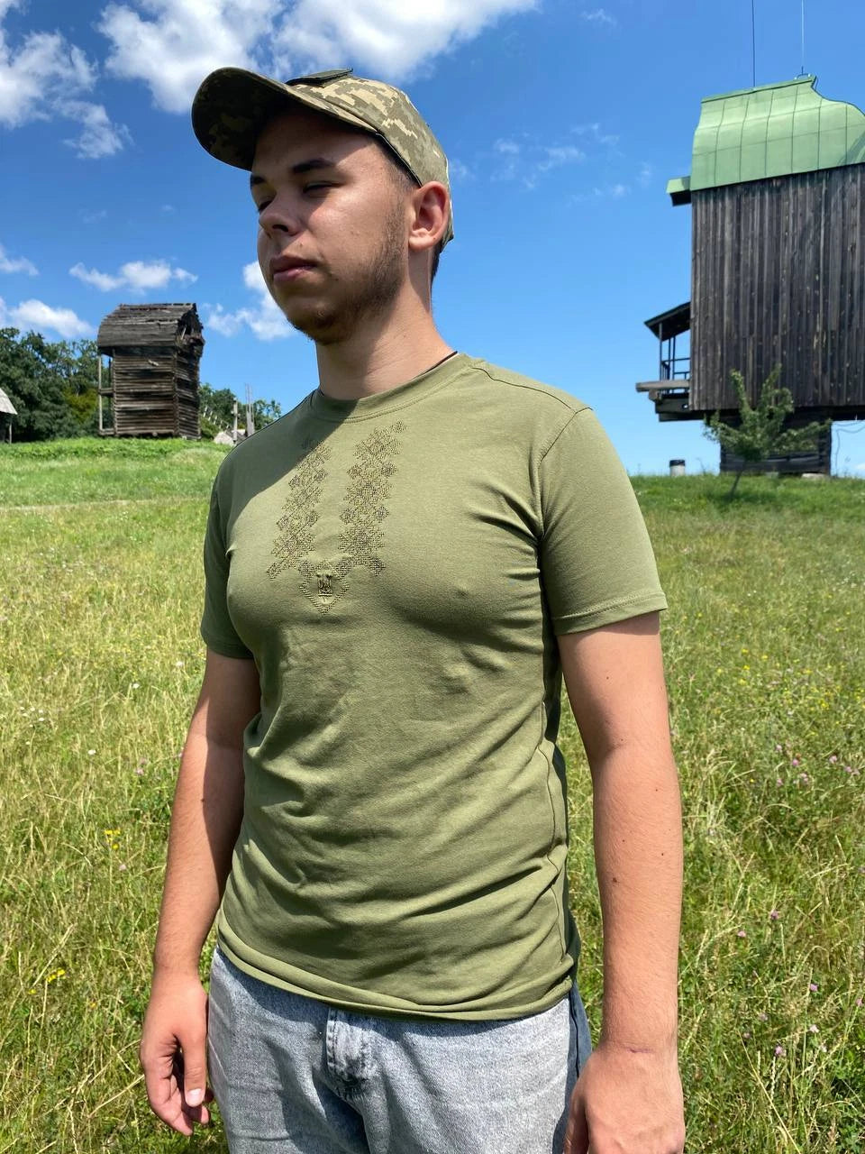 Ukrainian T-Shirt Olive with National Embroidery Patterns and Emblem Trident
