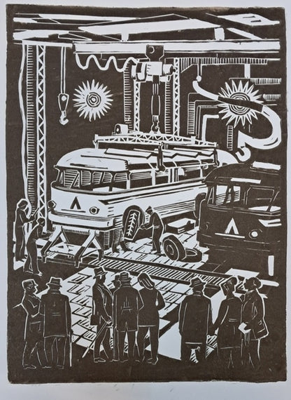 Ukrainian Print Zenoviy Ketsalo Original Signed Linocut Art Lviv Bus Factory LAZ